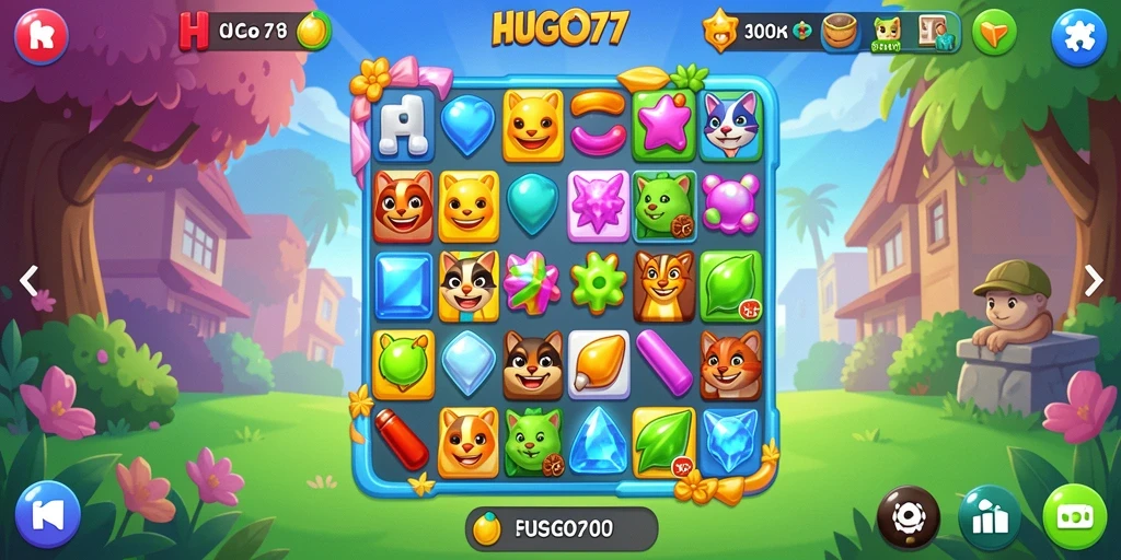 Gameplay HUGO77 yang menarik dan penuh warna dalam permainan Match-3.