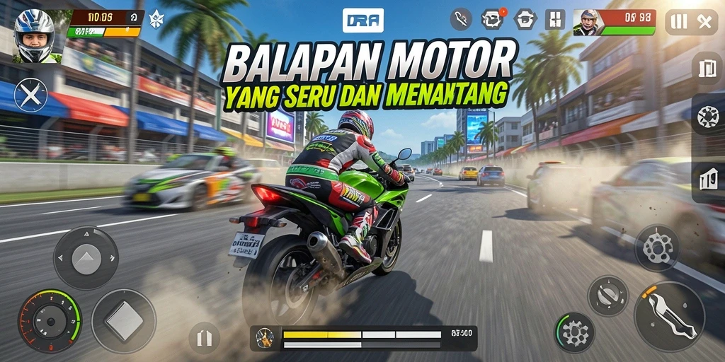 Tampilan gameplay INDORP dengan balapan motor yang seru.