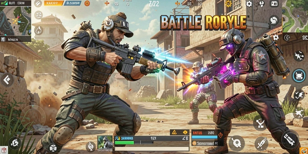 Screenshot menampilkan pemain beraksi dalam pertempuran Battle Royale.