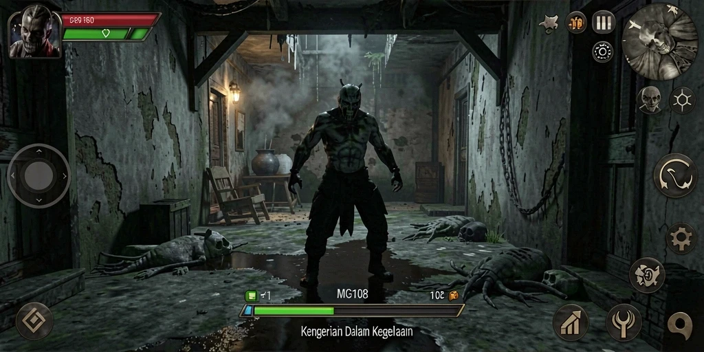 Screenshot gameplay menampilkan suasana menyeramkan MG108.