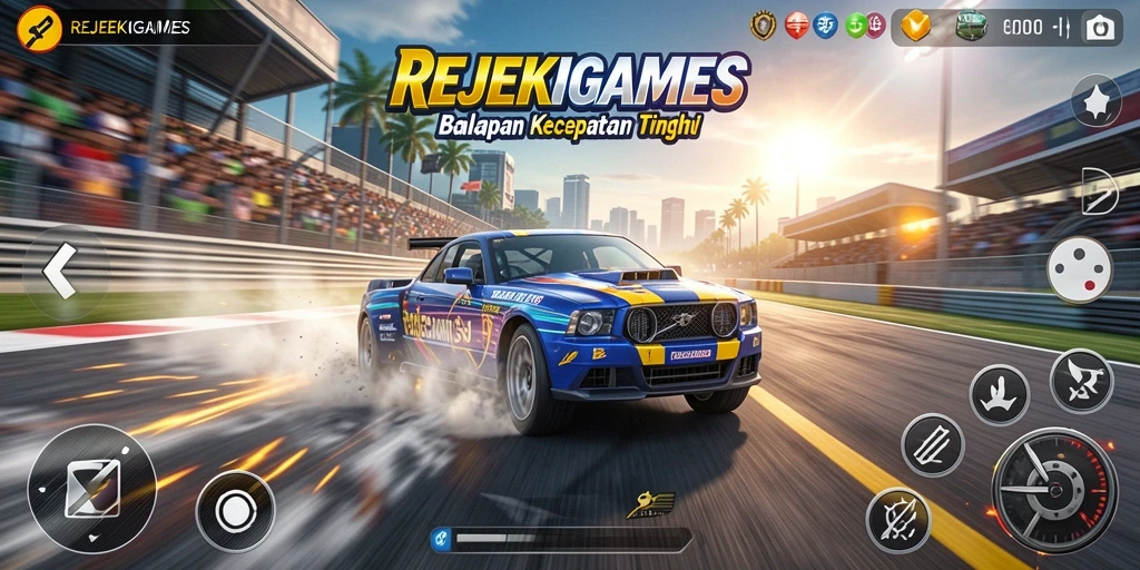 Tangkapan layar gameplay <strong>REJEKIGAMES</strong> menampilkan balapan yang menegangkan di trek yang indah.