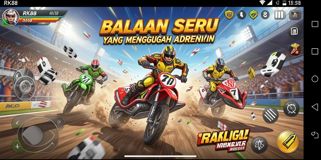 Tampilan gameplay RK88 dengan balapan mendebarkan dan grafik menawan.