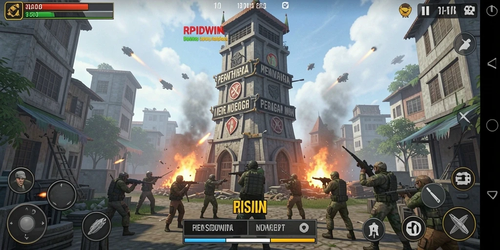 Tampilan gameplay RPIDWIN dengan menara dan serangan musuh.