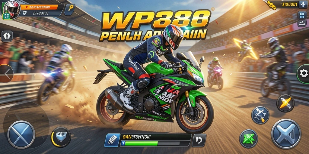Tampilan gameplay seru WP888 dengan balapan motor cepat.